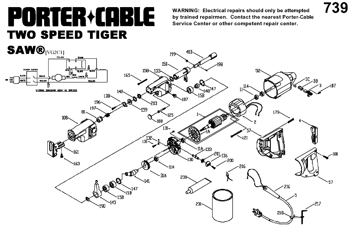Default Diagram and Parts List for PC9739 Type 1 Porter Cable Reciprocating Saw